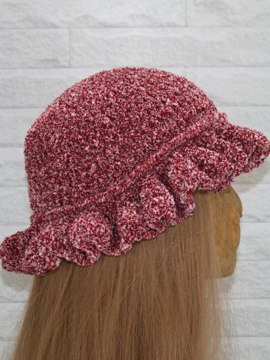 HAND CRAFTED Hat Crochet Bucket Chenille Winter Full Ruffle Red Burgundy Marled
